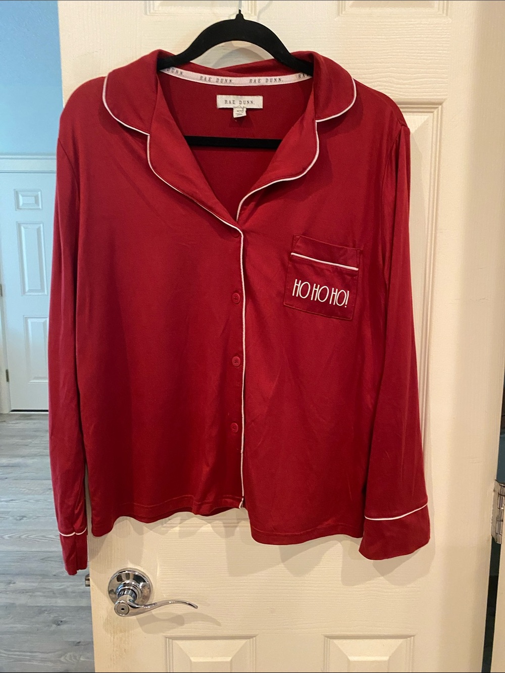 Rae Dunn Red Long-Sleeve 'HO HO HO' Pocket Pajama Top with White Piping